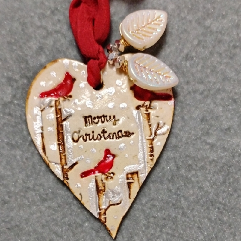 Hand Crafted Heart-Shaped Christmas Ornament with Red Cardinals